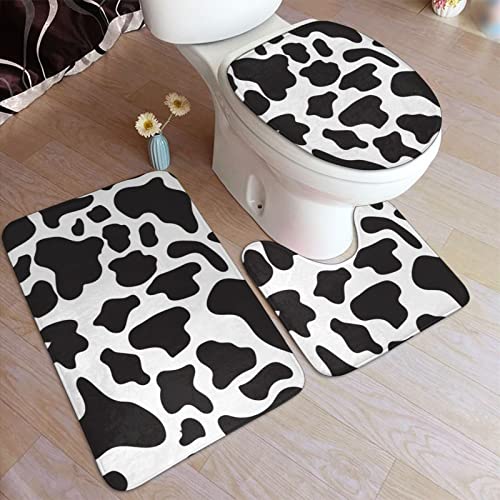 Badezimmerteppich-Set, Kuhmuster, U-förmig, konturierter WC-Vorleger und WC-Deckelbezug, Schwarz-Weiß, 3 Stück