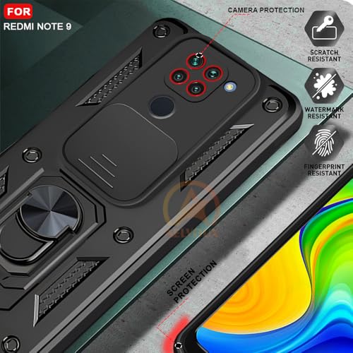 Image of Armor Bumper Back Cover Case for Redmi Note 9 Rotating Camera Cover, Ring Holder & Kickstand | Heavy Duty & 360 Degree Protection Redmi Note 9 Back Cover (Black)