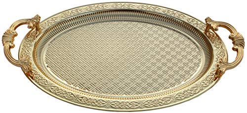 BAYKUL Turkish Ottoman Coffee Tea Beverage Gold Serving Oval Tray Luxury Metal Chrom Moroccan Decorative Breakfast Dinner Table Ottoman Trays Extra Large Gold