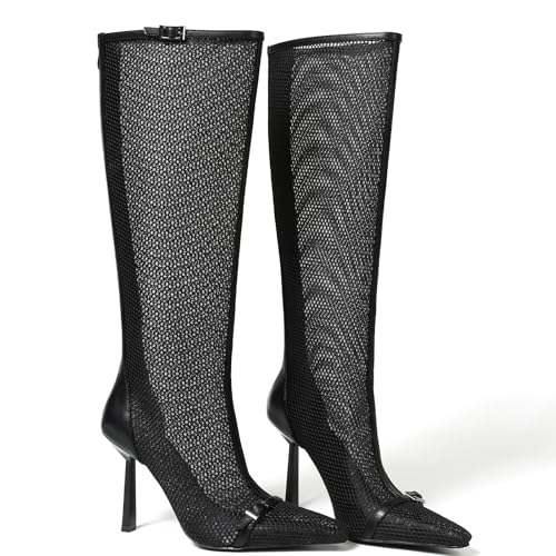 AMINUGAL Knee High Boots For Women Fashion Winter Booties Pointed Toe Stiletto High Heel Bukle Strap Womens Mesh Long Boot Party Dress Christmas Shoes2