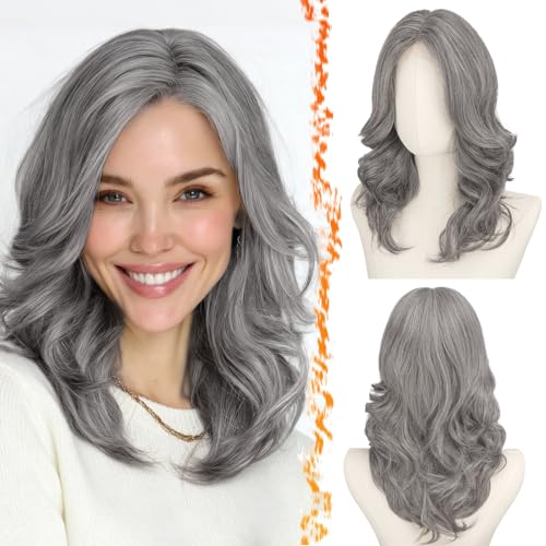 BARSDAR Short Wavy Layered Gray Wig - Shoulder Length Wavy
