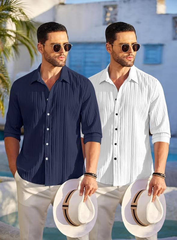 Image of FINIVO FASHION Men's Cotton Blend Shirt Set Lightweight, Full Sleeves, Plain Texture, Button Closure, Summer Ready (Pack of 2)