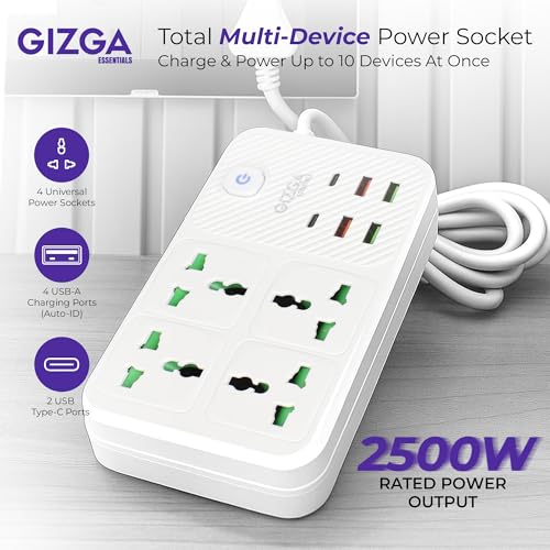 Image of Gizga essentials Power Extension Board with 4 Universal Sockets, 4 USB & 2 Type C Port| Socket with 2M Cord, Surge Protector, Child Safety, Anti-Flaming Body, 10A Output, 250V Multi Plug Adapter