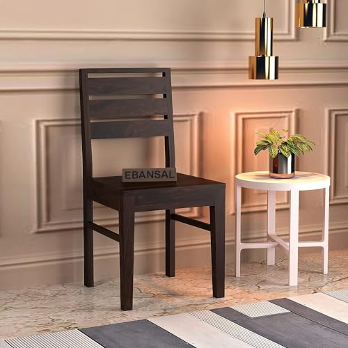 Image of 3 Line Wooden Dining Chairs Set of 2 for Kitchen & Dining Room, Two Seats, Solid Sheesham Wood, Walnut Finish