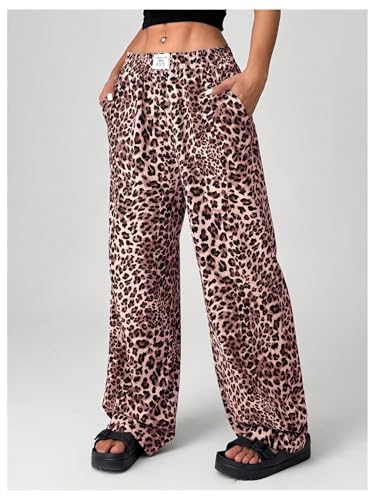 Image of RoseSeek Women's Letter Leopard Print Y2K Straight Elastic Waist Leg Pants | Cheetah Print, Straight, Baggy Loose Fit, Slant Pocket, Streetwear, Vintage, Graphic Trousers