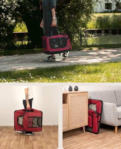 lionto Hundetransportbox faltbar für Reise & Auto, 50x34x36 cm, stabile Transportbox mit Tragegriffen & Decke für Katzen & Hunde bis 10 kg, robuste Hundebox aus Stoff für klein & groß, dunkelrot