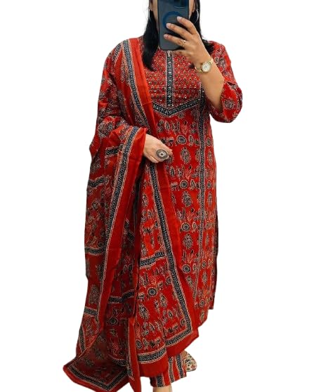 Image of krisjan|Women's Pure Cotton Printed with Handwork Kurta with Pants and Dupatta Set | Ethnic Set | Suit Set | Kurta Set | Wedding Suit Set