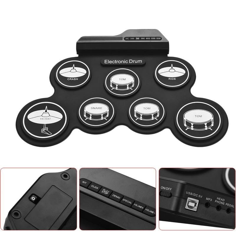 Image of Suptikes Portable Silicon Electronic Drum Kit, Roll Up Digital Drum Pad Set with Drumsticks, Foot Pedals, USB Connection, Headphone Jack,Compact Practice Instrument Without Speacker - Black