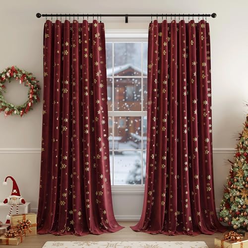 Image of Beauoop Christmas Red Velvet Curtains 63 Inches Long 2 Panels for Bedroom Living Room Gold Patterned Burgundy Thermal Insulated Room Darkening Rod Pocket Window Treatments Drapes, 52X63 Set of 2