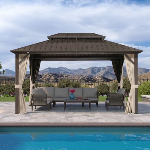 PURPLE LEAF 10’ X 14’ Outdoor Hardtop Gazebo Metal Frame Galvanized Steel Double Roof with Curtains and Nettings for Patio Desk Backyard Bronze
