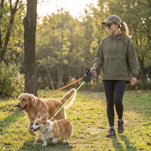Einziehbare Rollleine 3m, Hundeleine Für Kleine & Mittelgroße Hunde, Doppelleine für 2 Hunde Mit Taschenlampe, Kotbeutelspender, Reflektierende Leine, 360° Anti-Verhedderung