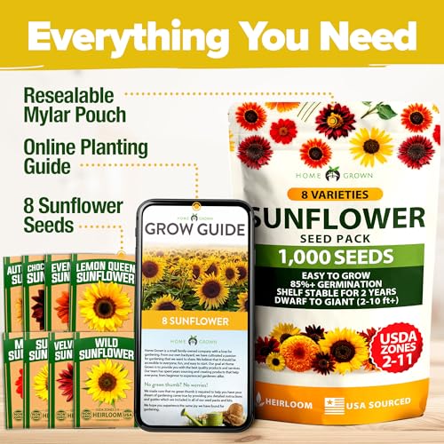 Image of HOME GROWN Sunflower Seeds for Planting | 8 Varieties |1000+ Non-GMO Sun Flower Seeds Packets to Plant: Grow Dwarf Sunflowers, Mexican Sunflowers, Wild, Lemon Queen,Autumn Beauty,Sunspot, Velvet Queen
