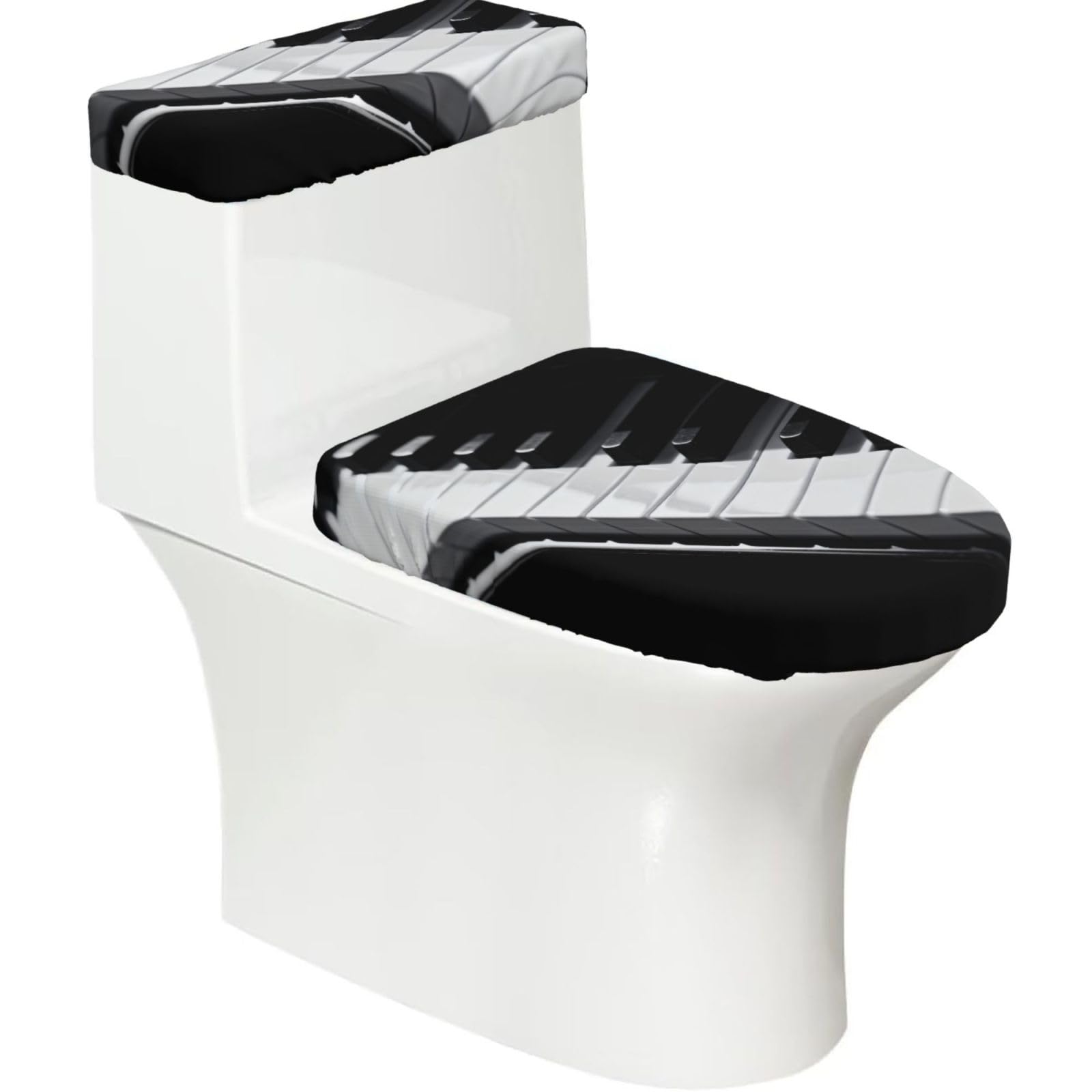 Piano Keyboard Keys Elastic Toilet Cover Set of 2-Stretchy Lid and Tank Covers for Bathroom, Soft Washable U Shape Toilet Decor