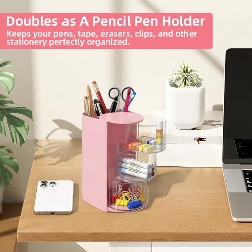 Image of neotidy Hair Accessories Organizer with Hair Brush Holder, Rotating Hair Tie Product Organizer for Girls, 3-Tier Makeup Brush Holder for Clips, Bows & Brushes (Pink, 3-Tier)