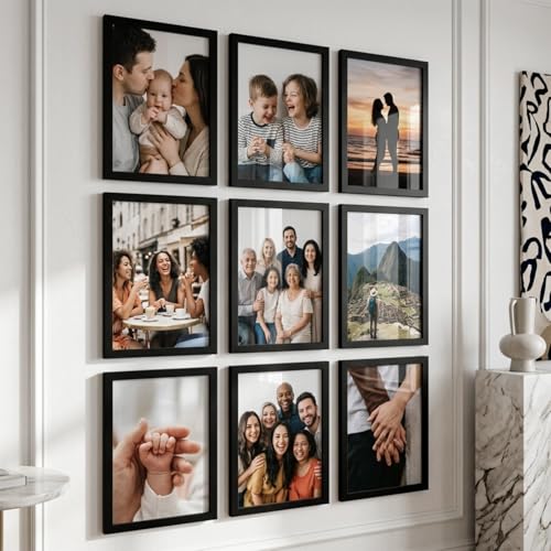 Image of kotart Photo Frame for Wall Decoration | Wooden Aesthetic Frames for Living Room Office | Photo Frame for Certificate A4 Size | Home Decor Bedroom Gift (Black, Pack of 9)