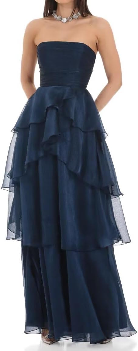 Strapless Tulle Prom Dress for Women Pleated Long Tiered Ruffle Sleeveless A Line Ruched Formal Evening Ball Gown