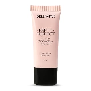 BELLAVITA Party Perfect All-in-one Tinted Moisturizer with SPF 30 | Hydrating Skin Tint, Face Primer & Sunscreen | Lightweight Formula with Adaptive Tint for Natural, Dewy Glow | 30ml (Medium Shade)