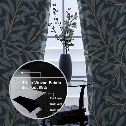William Morris Botanical Blackout Curtains Retro Dark Blue Leaf Design Heat Reducing Window Treatments 2 Panels 66" W x 72" L Ideal for Home Decor & Room Separation - Image 5