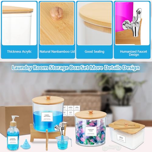 Ecopandy 7000ml Waschmittel Organizer, 10 Stück Waschmittelspender Mit Etiketten Und Bambusdeckeln, Große Kapazität, Messbecherskala, Waschmittelbehälter Und Bambusdeck Für Wäsche Pods, Waschmittel