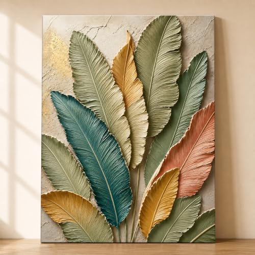 Image of PAINTINGMANTRA Textured Embossed Floral Leaf Canvas Wall Art Painting for wall decoration, Multi-Color Feather & Leaf Motifs Stretched Canvas Painting for living room, bedroom, Home and office, 16x22 Inch