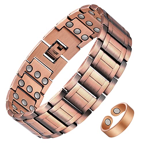 Feraco Copper Bracelets for Men & Copper Ring-Pure Copper Magnetic Bracelet with 57 Ultra Powerful 3500 Gauss Neodymium Magnets,Adjustable Wrist Bracelet,Gifts for Men (Copper with Ring)