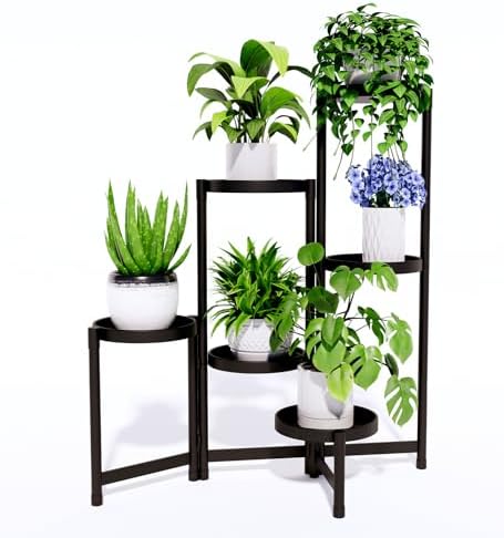 6-Tier Metal Plant Stand Indoor Outdoor - Corner Tall Plant Shelf for Multiple Plants, Foldable Heavy Duty Plant Holder - Decoration flower Stand for House Living Room Balcony Garden Patio - Black