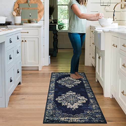 Lanffia Persian Hallway Runner Rug 2X5, Navy Blue Medallion Bedroom Rug Bohemian Kitchen Runner Rug Non-Slip Washable Vintage Low-Pile Floor Carpet For Laundry Room Entrance Bathroom #TOP5