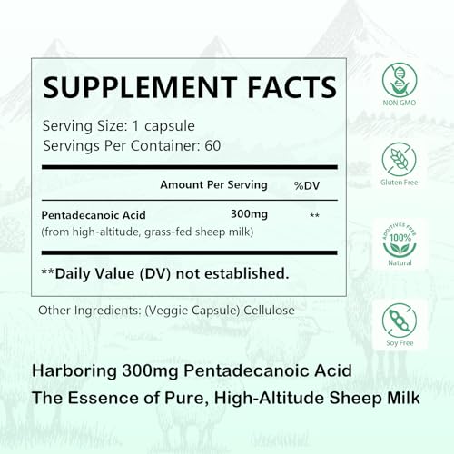 Image of Pentadecanoic Acid, Pentadecanoic Acid Formula Supplement, Sourced from High-Altitude Sheep Milk, 60 Capsules