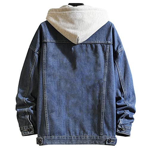Image of Men's Denim Jacket Distressed Hooded Jean Jackets Baggy Ripped Trucker Coat | Loose Vintage Long Sleeve Denim Hoodie Cotton Button Down Jean Outerwear With Pockets Black Blue Hip Hop Streetwear Casual