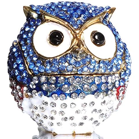 Waltz&F Diamond Light Blue Owl TrinketBox Hinged Hand-painted Figurine Collectible Ring Holder Cover