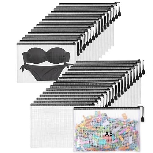 Jetec 32 Pcs Mesh Zipper Bags Toy Storage Bikini Organizer Bag Bolsas Para Guardar Trajes De Bano Waterproof Zipper Reusable Pouch Puzzle Multipurpose for Storage Office(Black 9 x 7 Inch)