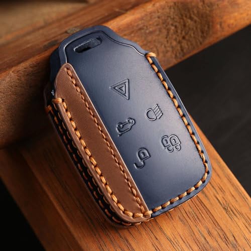 Image of Keyzone Dual Leather Key Cover for Range Rover: Sport, Evoque, Velar, Discovery, Defender (2018, 2019, 2020, 2021) 5 Button Smart Key (Blue-Brown)
