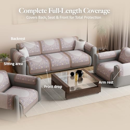 Image of Kuber Industries 5 Seater Sofa with Arm Cover | Slipcover for Living Room | Thick & Cozy | Non-Slip Comfort Sofa Cover Set | Rajasthani Border Malibu 1351 - Brown