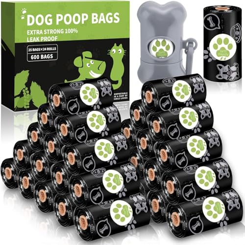 NCKIHRKK 600 sacchetti per escrementi di cani, biodegradabili, a prova di perdite, per cani, con dispenser di sacchetti, extra grandi, spessi, antistrappo, leggero profumo di limone, nero