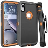FOGEEK iPhone XR Case, Belt Clip Holster Heavy Duty Kickstand Protective Cover [Dust-Proof] [Shockproof] Compatible for Apple iPhone XR [6.1 inch] (Dark Grey/Orange)