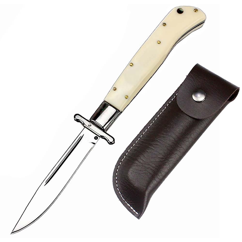 Joa Klappmesser Lang Taschenmesser Weiß aus stahl 440C Harz Outdoor edc messer Survival Jagdmesser scharfer einhandmesser/Lederscheide,Geschenk für Männer