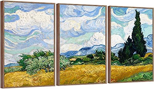 FULL HOUSE Framed Canvas Prints Wall Art of Van Gogh Oil Paintings Reproduction - Wheat Field with Cypresses - Impressionism Aesthetic Canvas Prints for Living Room Bedroom Office Home, 3 Panels