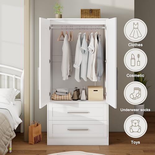 Ipormis I870001306 Wooden Armoire Wardrobe Closet With 2 Drawers, Clothing Storage Cabinet With Shelves Aluminum Hanging Rod, Modern Bedroom Clothing Armoires thumb #2