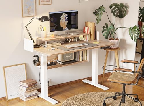 Image of FEZIBO 55 inch Electric Standing Desk with Shelves, 55x24 Inches Sit Stand Rising Computer Desk with Monitor Shelf, Home Office Desks with Hook, Adjustable Height Stand Up Workstation Table, Light Walnut