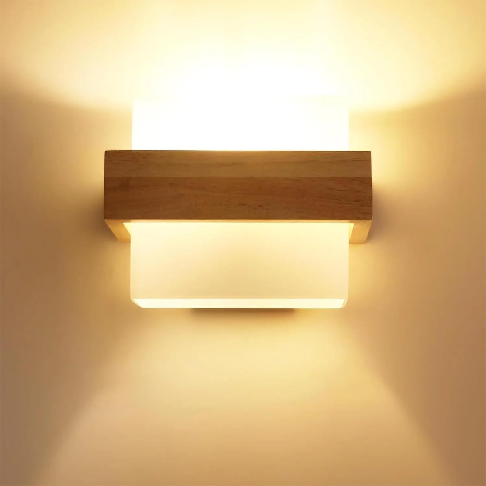 Applique da Parete Interno, 12W Dimmerabile Lampada da Parete Moderno in Legno, E27 Illuminazione Interni 3 Colore Applique da Parete con Paralume in Vetro per Camera da Letto Soggiorno Scala Corrido