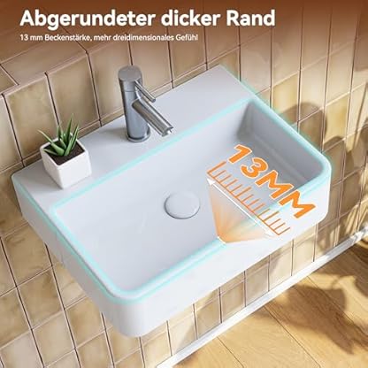 HOROW Waschbecken Gäste Wc Waschtisch, Aufsatzwaschbecken mit Hahnloch ohne Überlauf, Klein WaschschaleKeramik Weiss Rechteckig 38x26cm, Handwaschbecken Klein Gäste WC – Bild 8