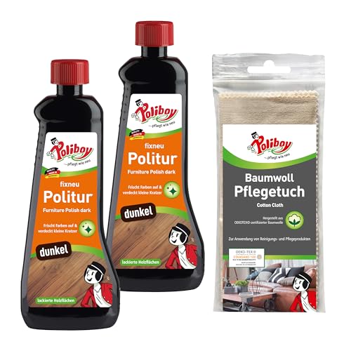Poliboy ... pflegt wie neu – Lucidante per mobili per legno laccato scuro – Lucidante per legno – 2 x 500 ml – con panno di cotone – Made in Germany