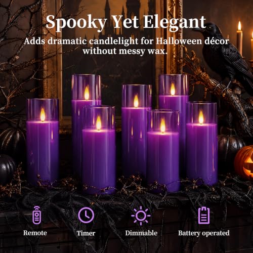 Image of Homemory Purple Battery Operated Flameless Candles with Remote and Timer, Flickering LED Pillar Candles, Acrylic Decorative Candles for Home Decor, Weddings, Parties and Holidays, 9 Pack
