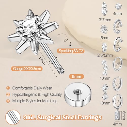 MILACOLATO 20G Hypoallergenic Flat Back Earrings for Women 316L Surgical Steel Flatback Stud Earrings Trendy Small Huggie Hoops Ear Cuffs Cartilage Earring Stacks Earring Sets for Multiple Piercing4