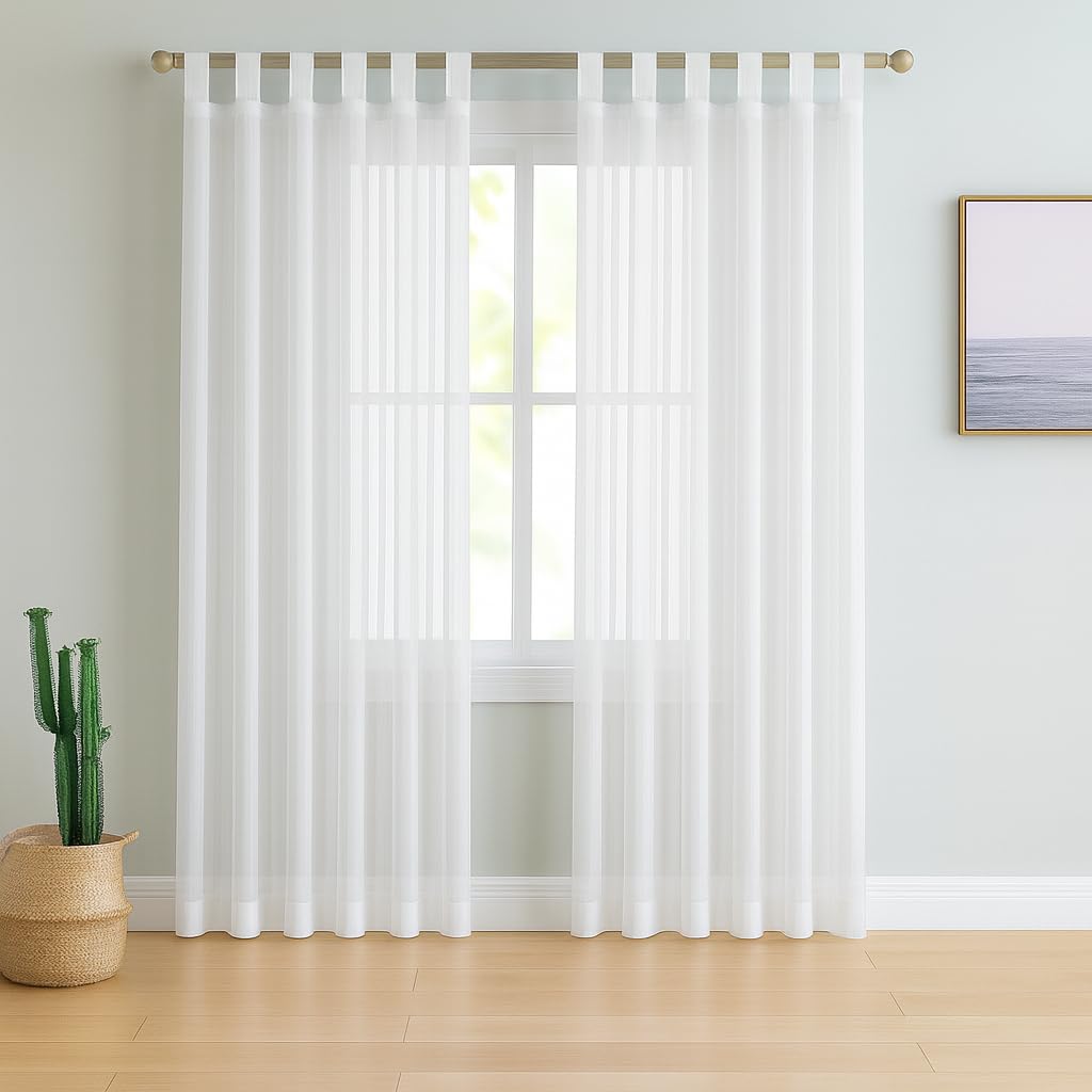 Megachest Tab top stripe voile sheer curtain with tie backs(White,W 56" x L 81" (2 Panels))