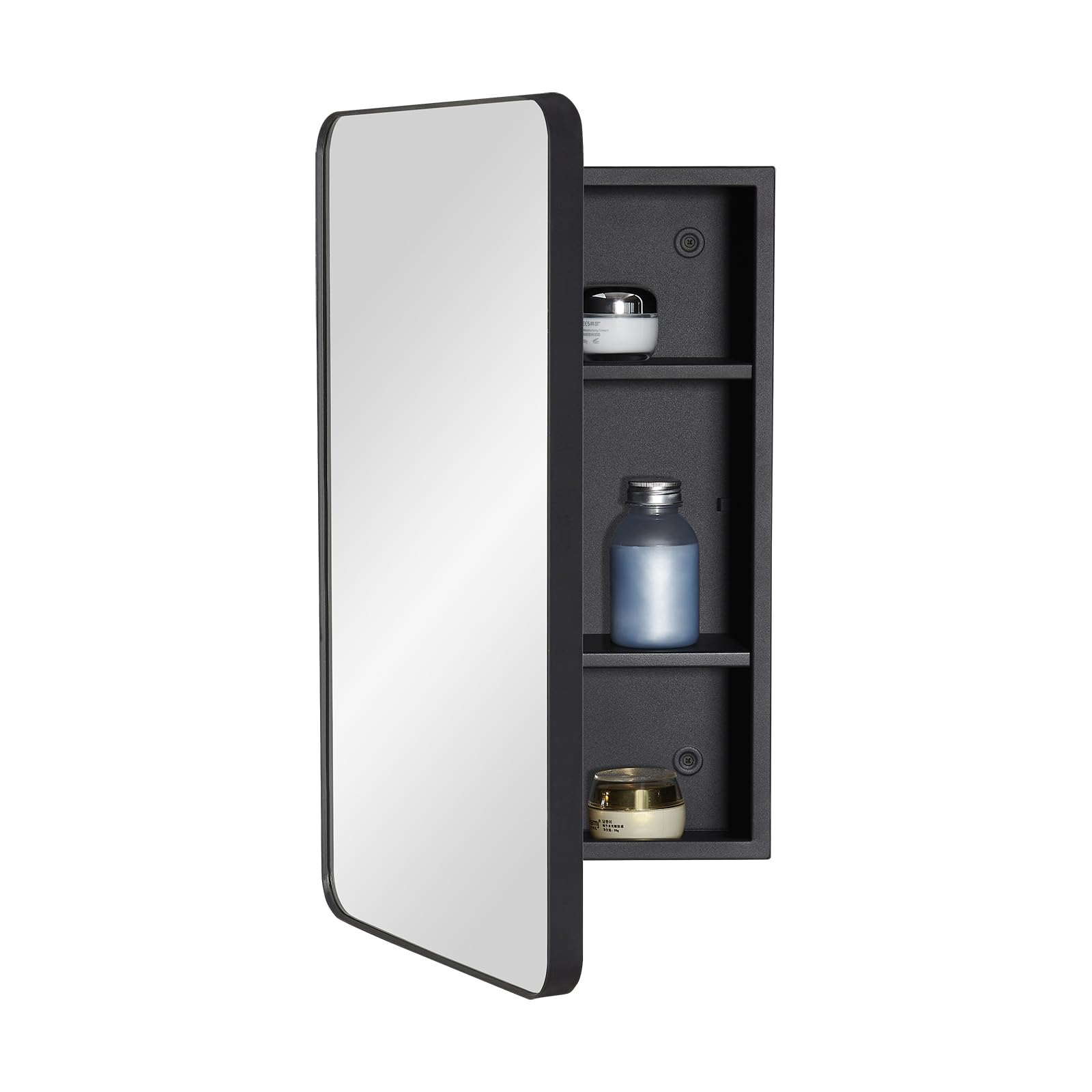 Fundin Bathroom Mirror Cabinet with Storage – Metal Framed Round Corner Door, Adjustable Shelves, Matte Black, Surface Mount Wall Mounted - 30 x 55 cm