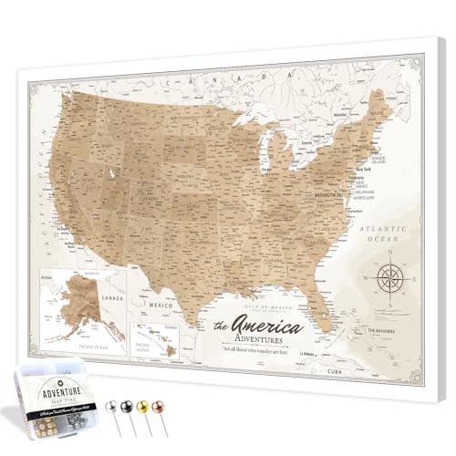 Image of IPIC - Vintage US Map for Travel, Pin Board Canvas Wall Art, Travel Map with Pins Included, Ready to Hang for Home or Office, 36x24 Inch