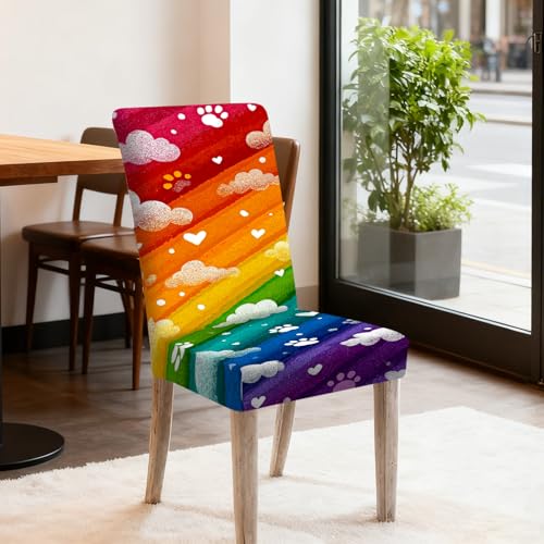 Image of Nuxovilar Rainbow Cloud Paw Print Stretch 23.6x70in 2PCS Chair Covers | Stretch Slipcover Cute Protector Stripe Wrap Seat Guard Dining Room Kids Bedroom Pet Cafe (Rainbow Paw)