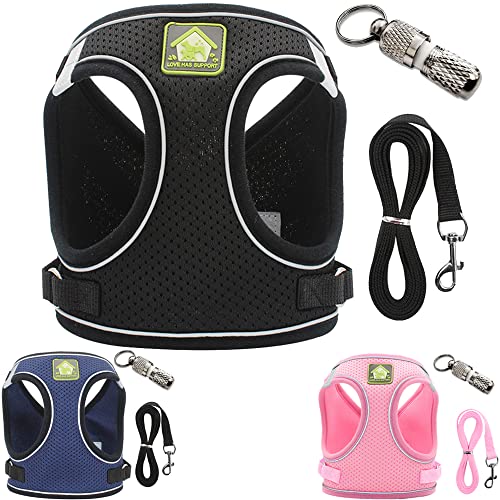 Hundegeschirr und Leine, atmungsaktiv, weiches Netzgewebe, reflektierender Riemen, bequeme Passform mit Anti-Verlust-Anhänger, verstellbar, Schwarz, Größe L (Brustumfang 41,6 - 45,7 cm) Cover