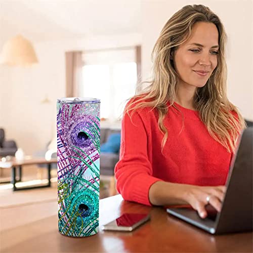 Colorful Peacock Feather Insulated Skinny Tumbler 20 Oz With Lid,Beautiful Printed Multicoloured Reusable Stainless Steel Coffee Mug,Best Birthday Gift For Women, Peafowl Bird Animal Lovers Present #TOP5